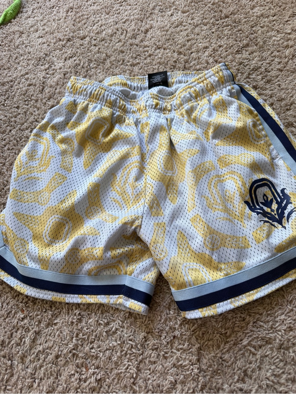 Men's Yellow and White Mesh Athletic Shorts with Navy Trim